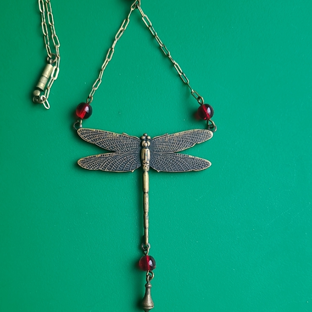 Vintage Gold Dragonfly Necklace with Red Accents